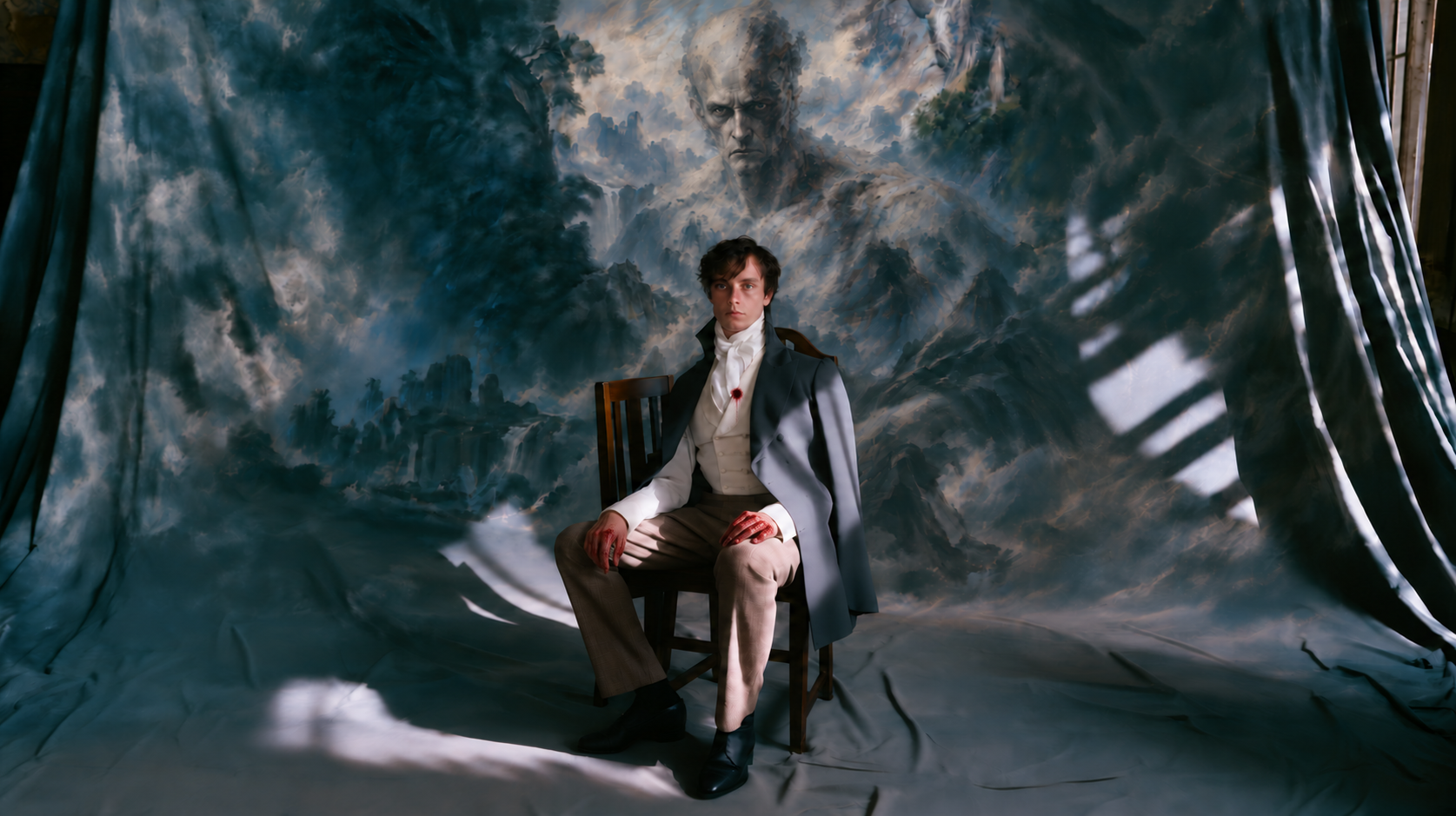 A man seated before a vast painted backdrop with a ghostly face