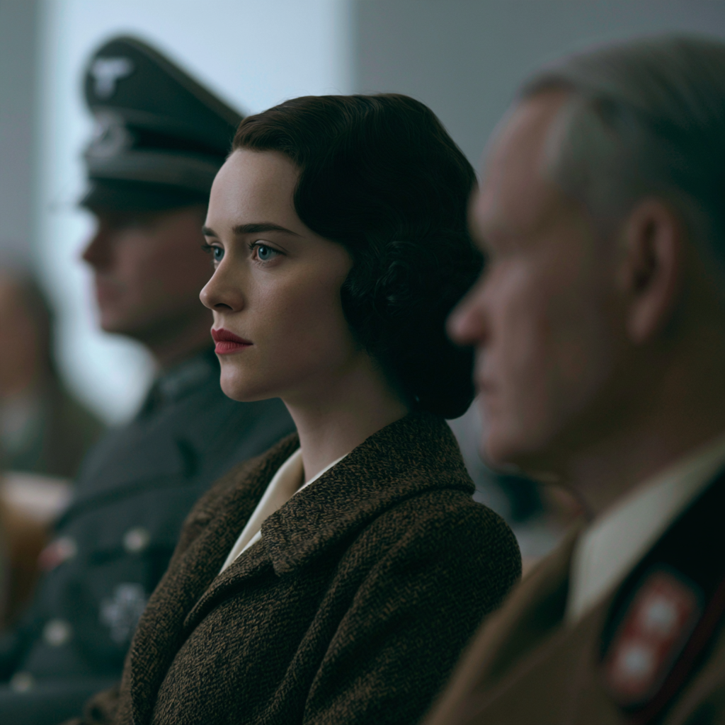 A woman in profile in a courtroom