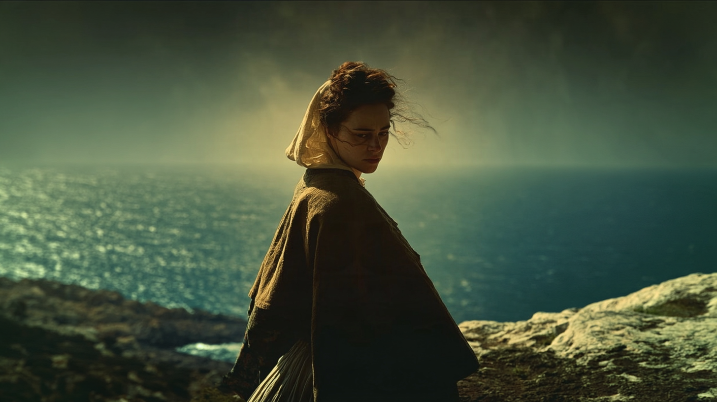 A woman in a shawl on sea cliffs at dusk